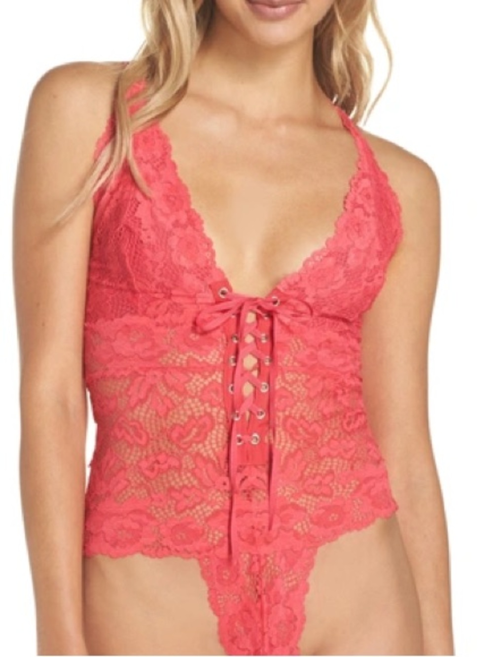 Free People Lace Corset Bodysuit Red Lace Up Romantic Boho Y2K L
